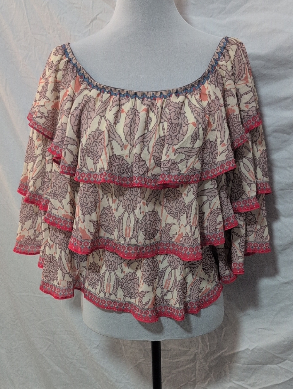 Tiered Ruffle Off-Shoulder Blouse in Cream with Pink Trim